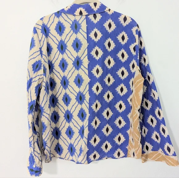 Zara Ikat Print Button Front Shirt Collared Mixed Print Western Blue White XL - Picture 5 of 8